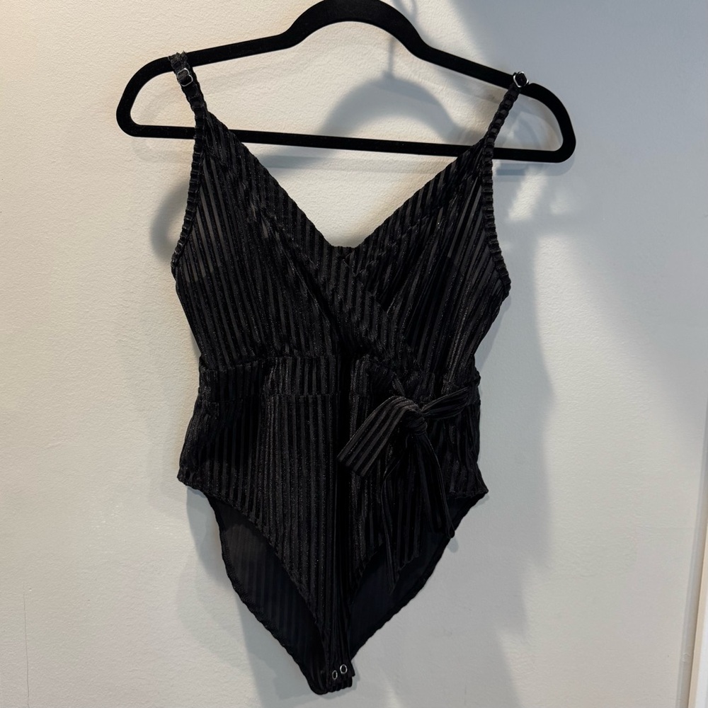 Forever 21 - Black Ribbed Mesh Bodysuit with Tie Accent & adjustable straps